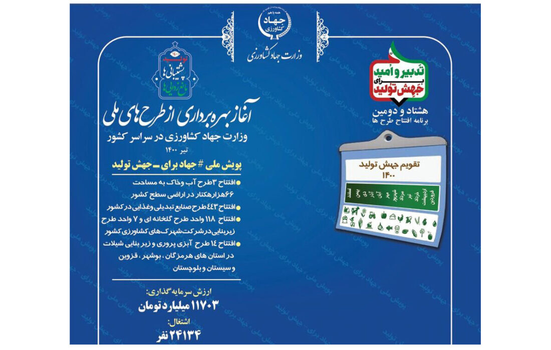 آغاز بهرهبرداری از طرحهای ملی وزارت جهادکشاورزی با دستور رییس جمهوری