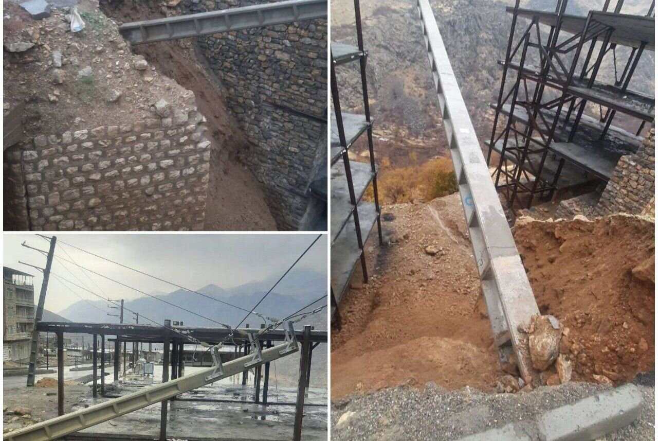 سقوط سه اصله تیر برق بتنی در اورامان بر اثر رانش زمین 